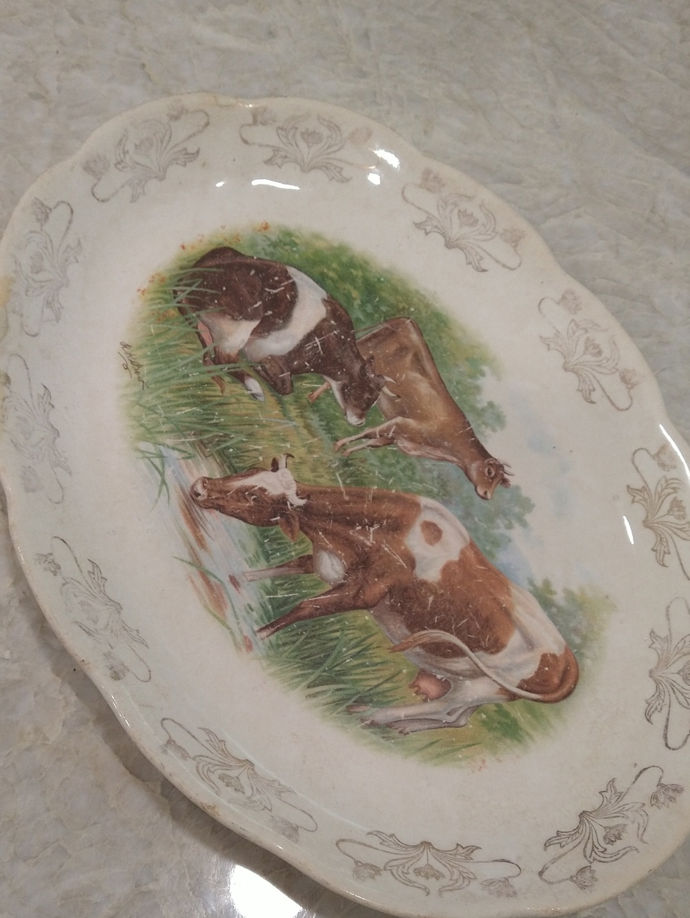Antique Brown and White Cow Motif Ceramic Serving Platter Signed